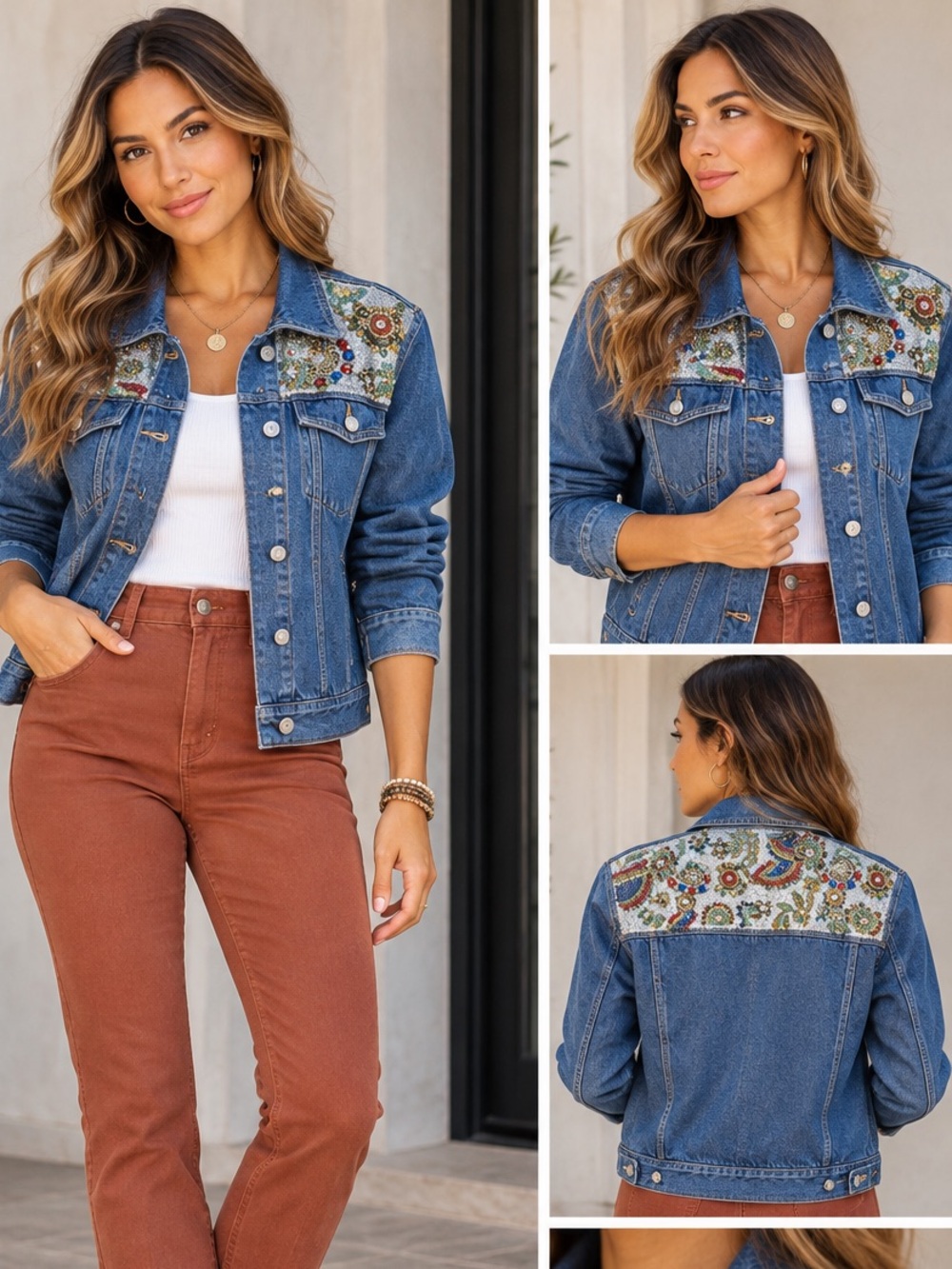 I B Diffusion Womens Medium Beaded Sequin Embellished Denim Jacket